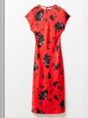 Vibrant Sfera red floral print midi Dress with Black Floral Print